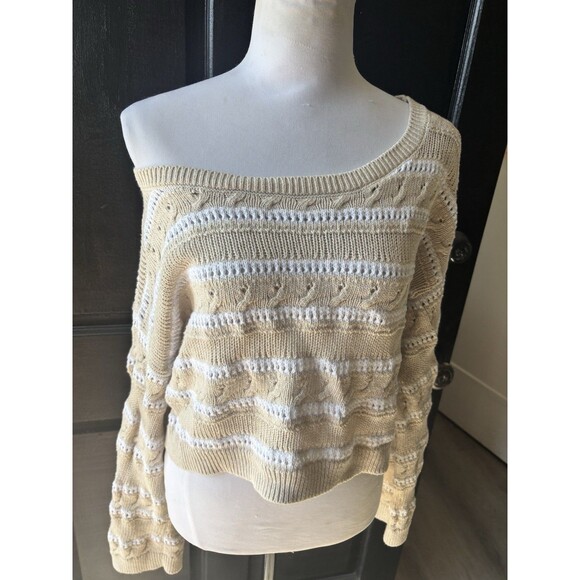 Hollister Cotton Preppy Stripe Pointelle Off Shoulder Crop Cozy Relaxed Sweater - Picture 3 of 9